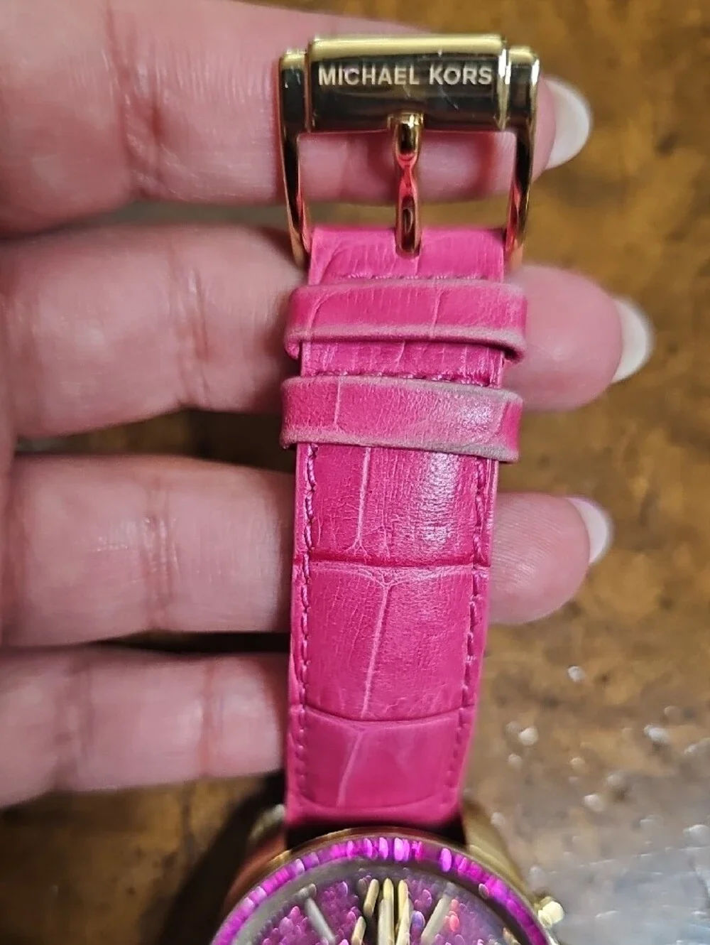 Michael Kors Hot Pink Glitter Chronograph Watch with Gold Accents